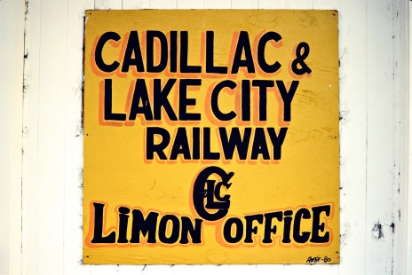 Cadillac and Lake City Railway office logo at Limon, Colorado, (on the former Rock Island) on September 29, 1983. Photograph by John F. Bjorklund, © 2016, Center for Railroad Photography and Art. Bjorklund-82-11-12