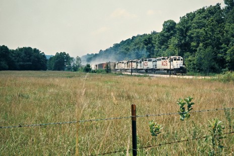 Kansas City Southern Railway freight train near Tipton Ford, Missouri, on July 16, 1977. Photograph by John F. Bjorklund, © 2016, Center for Railroad Photography and Art. Bjorklund-61-04-14