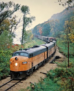 Northbound Milwaukee Road freight train in Reno, Minnesota, on September 30, 1977. Photograph by John F. Bjorklund, © 2016, Center for Railroad Photography and Art. Bjorklund-65-23-05