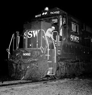 Southern Pacific Railroad's <i>Memphis Blue Streak Merchandise</i>  gets a new crew at Del Rio, Texas, in September 1990, around 8:30 PM, over 13 hours since I began my ride in Tyler. Photograph by J. Parker Lamb, © 2017, Center for Railroad Photography and Art. Lamb-02-124-07