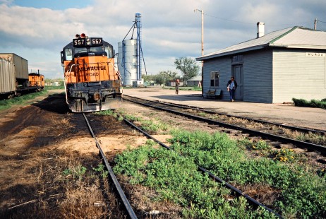 Westbound Milwaukee Road local work train at Murdo, South Dakota, on May 19, 1978. Photograph by John F. Bjorklund, © 2016, Center for Railroad Photography and Art. Bjorklund-66-20-20