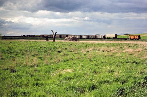 Westbound Milwaukee Road local work train near Presho, South Dakota, on May 19, 1978. Photograph by John F. Bjorklund, © 2016, Center for Railroad Photography and Art. Bjorklund-66-19-14