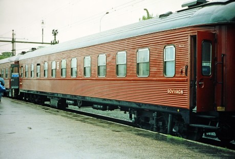 Swedish State Railways electric "sovvagn" sleeper car in Boden, Norrbotten, Sweden, on June 5, 1989. Photograph by Fred M. Springer, © 2014, Center for Railroad Photography and Art. Springer-Scan-Swiss-York-05-07