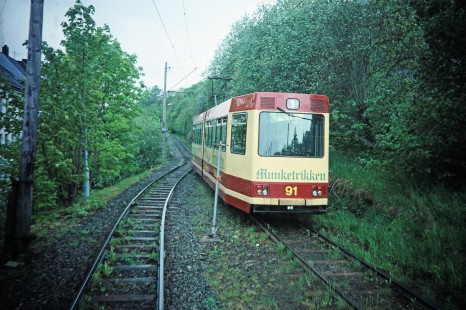 Munketrikken Tram system (no. 91) near Trondheim, Sør-Trøndelag, Norway, on June 4, 1996. Photograph by Fred M. Springer, © 2014, Center for Railroad Photography and Art. Springer-So.Africa-NOR-SWE-22-06