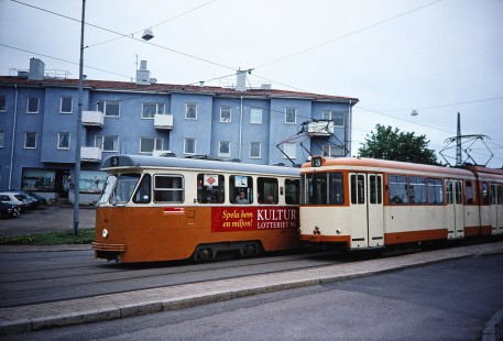 Norrköping tramway network electric tram duo no. 3 in Norrköping, Östergötland, Sweden, on May 31, 1996. Photograph by Fred M. Springer, © 2014, Center for Railroad Photography and Art. Springer-So.Africa-NOR-SWE-15-24