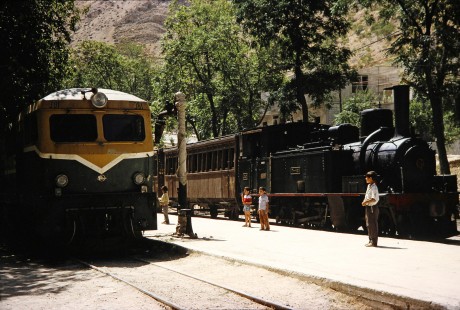 Syrian Railways locomotive no. 301 alongside steam locomotive no. 130-751 in Damascus, Syria on July 20, 1991. Photograph by Fred M. Springer, © 2014, Center for Railroad Photography and Art. Springer-Hedjaz-ZimZam(1)-09-15