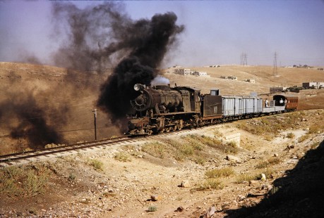 Hedjaz Jordan Railway 2-8-2 steam locomotive no. 71 in Amman, Jordan, on July 15, 1991. Photograph by Fred M. Springer, © 2014, Center for Railroad Photography and Art. Springer-Hedjaz-ZimZam(1)-03-19