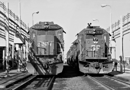 Southern Pacific Railroad's <i>Memphis Blue Streak Merchandise</i>  (left) at fueling facility in Kirby Yard at San Antonio, Texas, in September 1990. Photograph by J. Parker Lamb, © 2017, Center for Railroad Photography and Art. Lamb-02-124-01