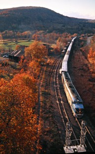 Southbound Delaware and Hudson Railway passenger train near Lanesboro, Pennsylvania, on October 19, 1974. Photograph by John F. Bjorklund, © 2016, Center for Railroad Photography and Art. Bjorklund-56-07-18
