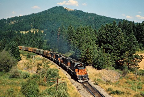 Westbound Milwaukee Road freight train near Plummer, Idaho, on August 9, 1978. Photograph by John F. Bjorklund, © 2016, Center for Railroad Photography and Art. Bjorklund-67-09-02