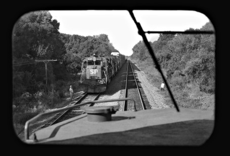 Engineer's view as Southern Pacific Railroad's <i>Memphis Blue Streak Merchandise</i>  passes northbound auto train south of Corsicana, Texas, in September 1990. Photograph by J. Parker Lamb, © 2017, Center for Railroad Photography and Art. Lamb-02-123-06