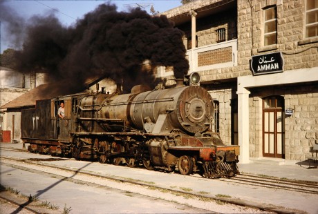Hedjaz Jordan Railway 2-8-2 steam locomotive no. 23 in Amman, Jordan, on July 15, 1991. Photograph by Fred M. Springer, © 2014, Center for Railroad Photography and Art. Springer-Hedjaz-ZimZam(1)-03-18