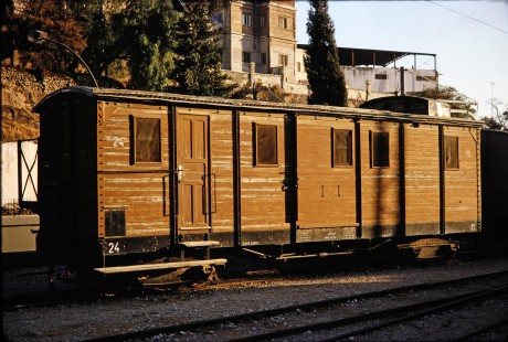 Hedjaz Jordan Railway passenger car no. 24 in Amman, Jordan, on July 15, 1991. Photograph by Fred M. Springer, © 2014, Center for Railroad Photography and Art. Springer-Hedjaz-ZimZam(1)-03-07