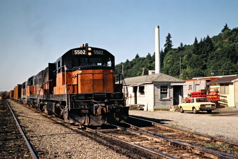 Southbound Milwaukee Road freight train at Chehalis, Washington, on July 16, 1979. Photograph by John F. Bjorklund, © 2016, Center for Railroad Photography and Art. Bjorklund-68-15-03