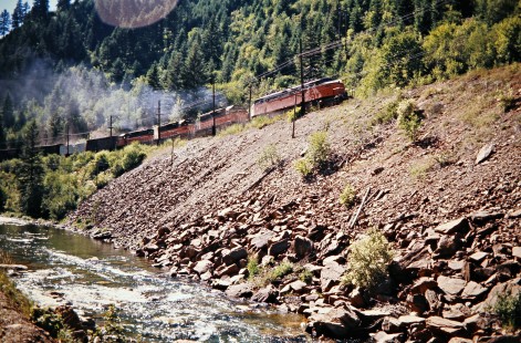 Eastbound Milwaukee Road freight train in Avery, Idaho, on July 11, 1973. Photograph by John F. Bjorklund, © 2016, Center for Railroad Photography and Art. Bjorklund-63-26-17