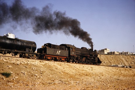 Hedjaz Jordan Railway steam locomotive no. 82 in Amman, Jordan, on July 17, 1991. Photograph by Fred M. Springer, © 2014, Center for Railroad Photography and Art. Springer-Hedjaz-ZimZam(1)-05-32