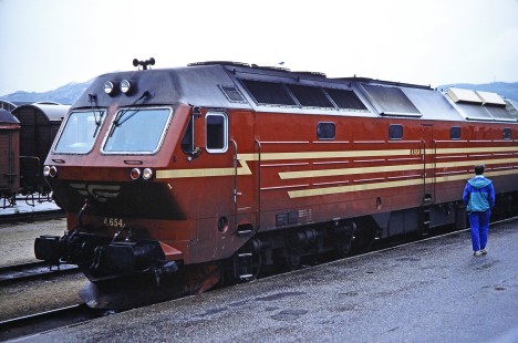 Norwegian State Railways diesel locomtove no. 4654 and a single onlooker in Bodø, Nordland, Norway, on June 7, 1989. Photograph by Fred M. Springer, © 2014, Center for Railroad Photography and Art. Springer-Scan-Swiss-York-08-34