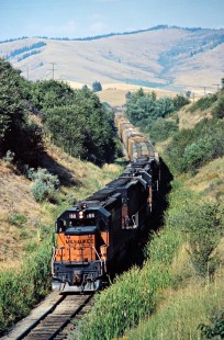 Westbound Milwaukee Road freight train in Lone Pine, Washington, on August 9, 1978. Photograph by John F. Bjorklund, © 2016, Center for Railroad Photography and Art. Bjorklund-67-09-13