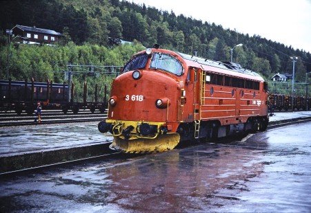 Norwegian State Railways diesel locomotive no. 3618 stands at the platform in Dombås, Oppland, Norway, on June 8, 1989. This photograph is taken as the photographer travels the areas of Nordland and Sør-Trøndelag, Norway. Photograph by Fred M. Springer, © 2014, Center for Railroad Photography and Art. Springer-Scan-Swiss-York-08-08