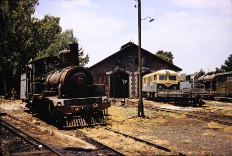 Syrian Railways steam and diesel locomotives at an engine house near Daraa, Daraa, Syria on July 19, 1991. Photograph by Fred M. Springer, © 2014, Center for Railroad Photography and Art. Springer-Hedjaz-ZimZam(1)-07-07