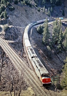 Westbound Amtrak <i>San Francisco Zephyr</i> passenger train on Western Pacific Railroad at Keddie, California, on April 20, 1975. Photograph by John F. Bjorklund, © 2016, Center for Railroad Photography and Art. Bjorklund-93-04-04