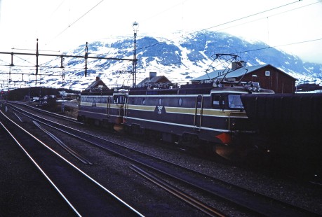 Norwegian State Railways electric locomotive no. 152195 in  Riksgränsen, Sweden, near the border of Sweden and Norway, on June 5, 1989. Photograph by Fred M. Springer, © 2014, Center for Railroad Photography and Art.  Springer-Scan-Swiss-York-06-16