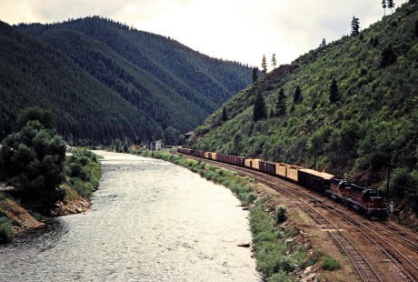Eastbound Milwaukee Road freight train near Avery, Idaho, on July 11, 1979. Photograph by John F. Bjorklund, © 2016, Center for Railroad Photography and Art. Bjorklund-68-01-13