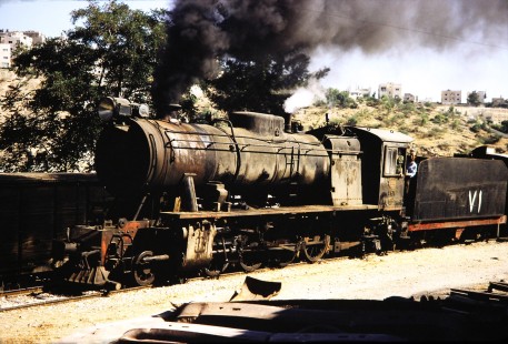 Hedjaz Jordan Railway 2-8-2 steam locomotive no. 71 in Amman, Jordan, on July 15, 1991. Photograph by Fred M. Springer, © 2014, Center for Railroad Photography and Art. Springer-Hedjaz-ZimZam(1)-02-31