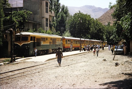 Syrian Railways locomotive no. 301 surrounded by a crowd in Damascus, Syria on July 20, 1991. Photograph by Fred M. Springer, © 2014, Center for Railroad Photography and Art. Springer-Hedjaz-ZimZam(1)-09-14