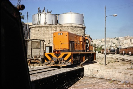Hedjaz Jordan Railways diesel locomotive on turntable in Amman, Jordan, on July 15, 1991. Photograph by Fred M. Springer, © 2014, Center for Railroad Photography and Art. Springer-Hedjaz-ZimZam(1)-02-36