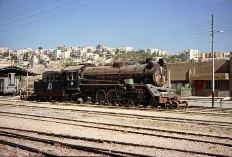 Hedjaz Jordan Railway steam locomotive no. 81 in Amman, Jordan, on July 15, 1991. Photograph by Fred M. Springer, © 2014, Center for Railroad Photography and Art. Springer-Hedjaz-ZimZam(1)-02-37