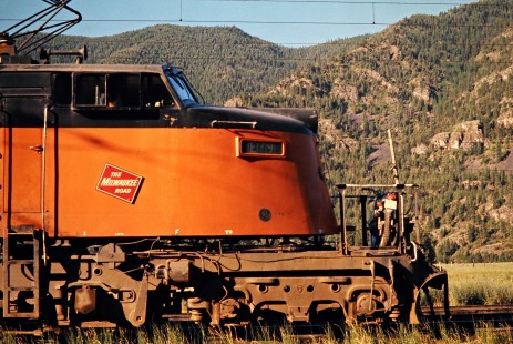 Westbound Milwaukee Road "Little Joe" electric locomotive no. E79 in Alberton, Montana, on July 10, 1973. Photograph by John F. Bjorklund, © 2016, Center for Railroad Photography and Art. Bjorklund-63-22-19