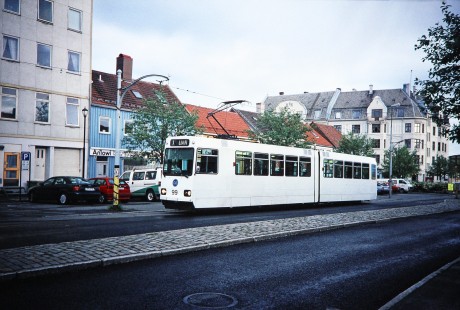 Gråkallen Line tram (no. 99) in Trondheim, Sør-Trøndelag, Norway, on June 5, 1996. Photograph by Fred M. Springer, © 2014, Center for Railroad Photography and Art. Springer-So.Africa-NOR-SWE-22-04