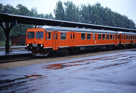Swedish State Railways diesel multiple unit no. 1333 at Hultsfred on the way to Växjö, Kronoberg, Sweden, on June 3, 1989. Photograph by Fred M. Springer, © 2014, Center for Railroad Photography and Art.  Springer-Scan-Swiss-York-04-02