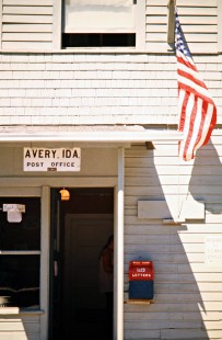 Post office in Avery, Idaho, on July 11, 1973. Photograph by John F. Bjorklund, © 2016, Center for Railroad Photography and Art. Bjorklund-63-25-11