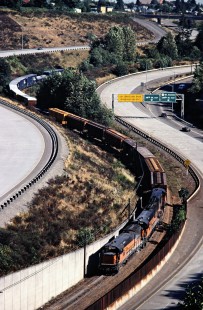 Northbound Milwaukee Road freight train in Tacoma, Washington, on July 15, 1979. Photograph by John F. Bjorklund, © 2016, Center for Railroad Photography and Art. Bjorklund-68-13-07