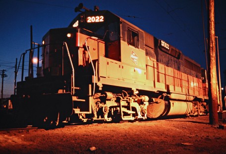 Milwaukee Road locomotive no. 2022 at night in Harlowton, Montana, on July 7, 1973. Photograph by John F. Bjorklund, © 2016, Center for Railroad Photography and Art. Bjorklund-63-16-18