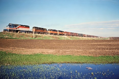 Eastbound Milwaukee Road freight train led by SD40-2 no. 156 in special bicentennial paint in Java, South Dakota, on May 14, 1978. Photograph by John F. Bjorklund, © 2016, Center for Railroad Photography and Art. Bjorklund-66-10-13
