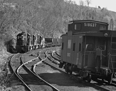 Norfolk and Western Railway empty coal local waits at Norton, Virginia, in March 1985. Photograph by J. Parker Lamb, © 2017, Center for Railroad Photography and Art. Lamb-02-125-06