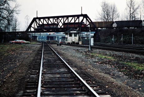 Northbound Milwaukee Road freight train at Reservation Tower in Tacoma, Washington, on November 30, 1977. Photograph by John F. Bjorklund, © 2016, Center for Railroad Photography and Art. Bjorklund-65-24-05