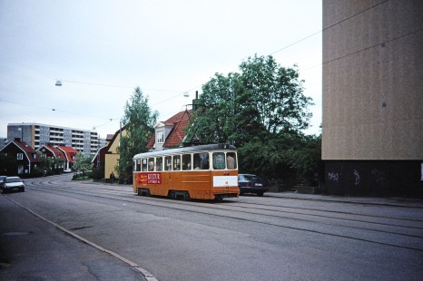 Norrköping tramway network electric tram in  Norrköping, Östergötland, Sweden, on May 31, 1996. Photograph by Fred M. Springer, © 2014, Center for Railroad Photography and Art. Springer-So.Africa-NOR-SWE-15-23