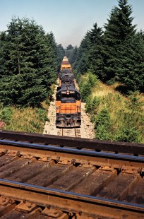 Southbound Milwaukee Road freight train passing under Burlington Northern Railroad track near Maytown, Washington, on July 16, 1979. Photograph by John F. Bjorklund, © 2016, Center for Railroad Photography and Art. Bjorklund-68-15-11