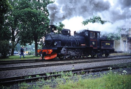 Norsholm–Västervik–Hultsfreds Järnvägar steam locomotive no. 22 passes by a single onlooker in Åseda, Kronoberg, Sweden, on June 3, 1989. Photograph by Fred M. Springer, © 2014, Center for Railroad Photography and Art. Springer-Scan-Swiss-York-04-10