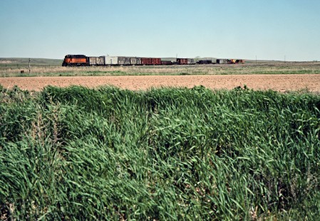 Westbound Milwaukee Road local work train in Shields, North Dakota, on May 15, 1978. Photograph by John F. Bjorklund, © 2016, Center for Railroad Photography and Art. Bjorklund-66-15-23