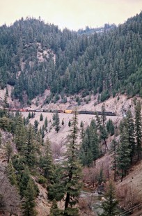 Southbound Western Pacific Railroad freight train near Keddie, California, on April 19, 1975. Photograph by John F. Bjorklund, © 2016, Center for Railroad Photography and Art. Bjorklund-93-01-04