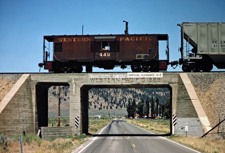 Eastbound Western Pacific Railroad caboose no. 449 near Chilcoot, California, on July 22, 1982. Photograph by John F. Bjorklund, © 2016, Center for Railroad Photography and Art. Bjorklund-93-09-09