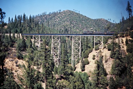Northbound Western Pacific Railroad freight train on Spanish Creek Trestle, California, in July 1977. Photograph by John F. Bjorklund, © 2016, Center for Railroad Photography and Art. Bjorklund-93-07-17
