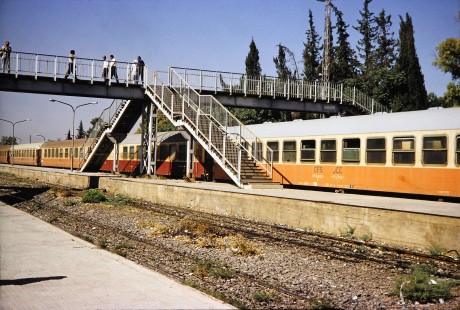 Syrian Railways passenger train at station in Al-Zabadani, Syria on July 21, 1991. Photograph by Fred M. Springer, © 2014, Center for Railroad Photography and Art. Springer-Hedjaz-ZimZam(1)-10-15