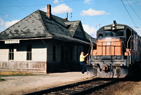 Westbound Milwaukee Road freight train at station in Cle Elum, Washington, on July 22, 1974. Photograph by John F. Bjorklund, © 2016, Center for Railroad Photography and Art. Bjorklund-64-12-19
