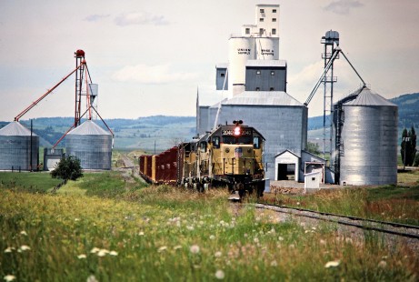 Eastbound Camas Prairie Railroad freight train, owned and operated by Burlington Northern Railroad and Union Pacific Railroad, at Fenn, Idaho, on July 1, 1988. Photograph by John F. Bjorklund, © 2016, Center for Railroad Photography and Art. Bjorklund-93-18-09